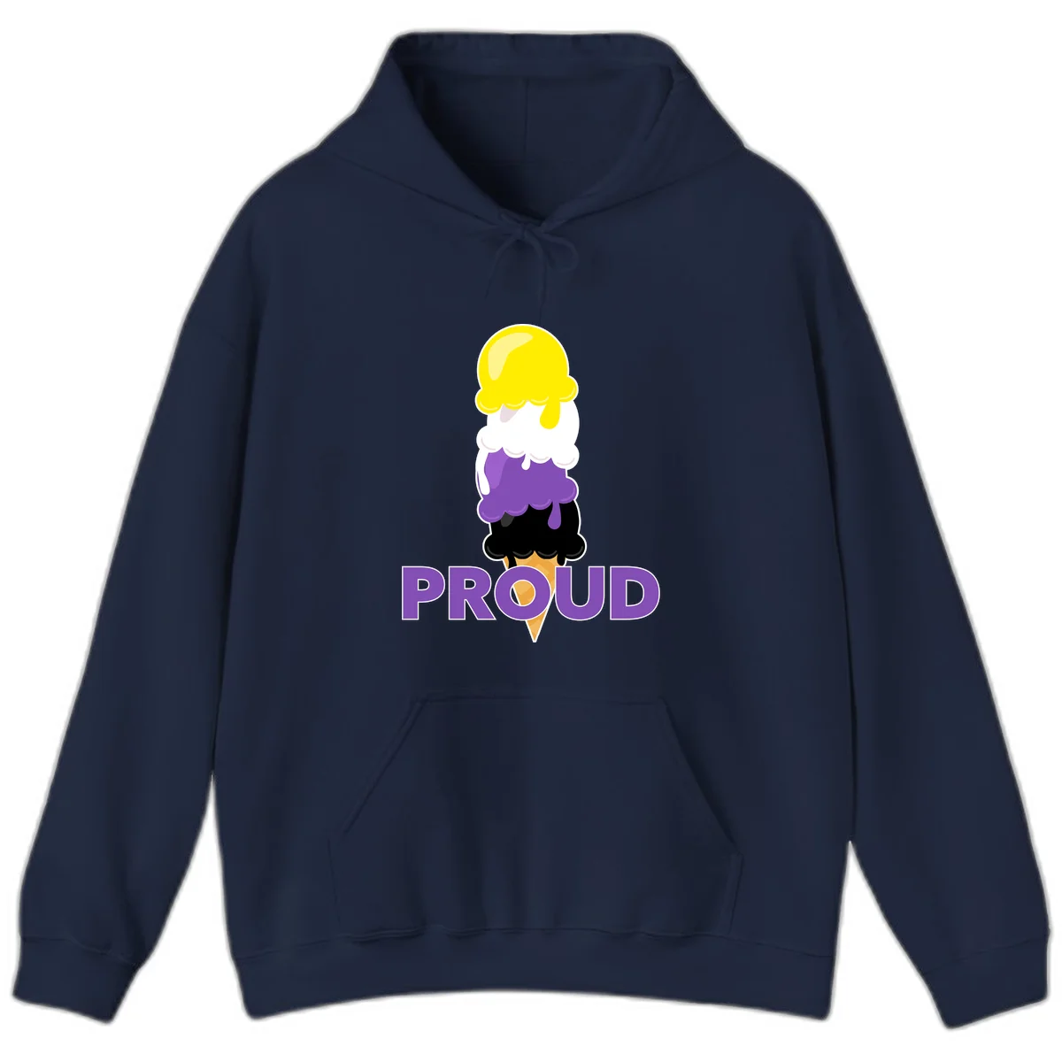 Colorful stacked ice cream cone with yellow, white, purple, and black scoops dripping down a waffle cone, with the word PROUD below in Navy