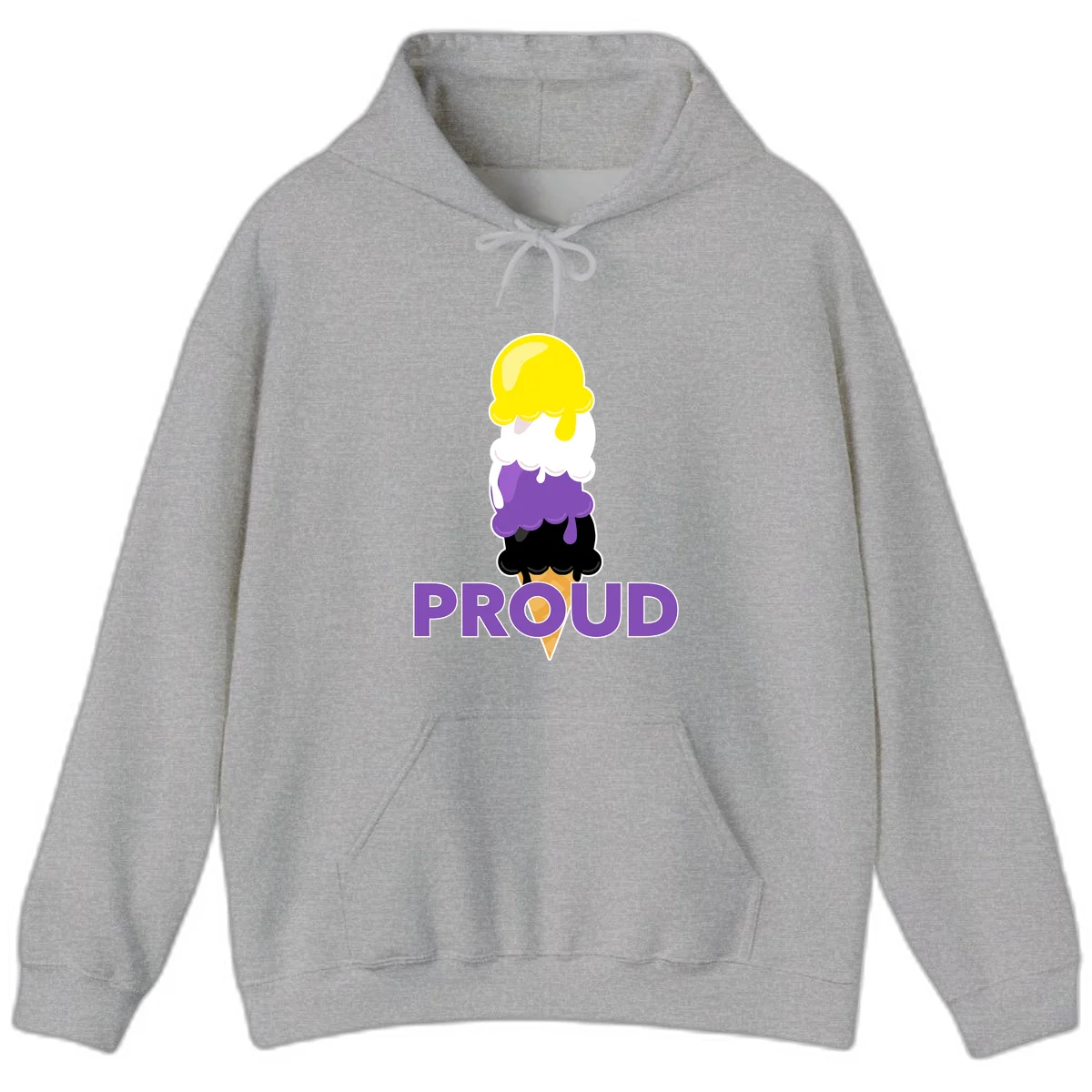 Colorful stacked ice cream cone with yellow, white, purple, and black scoops dripping down a waffle cone, with the word PROUD below in Sport Grey