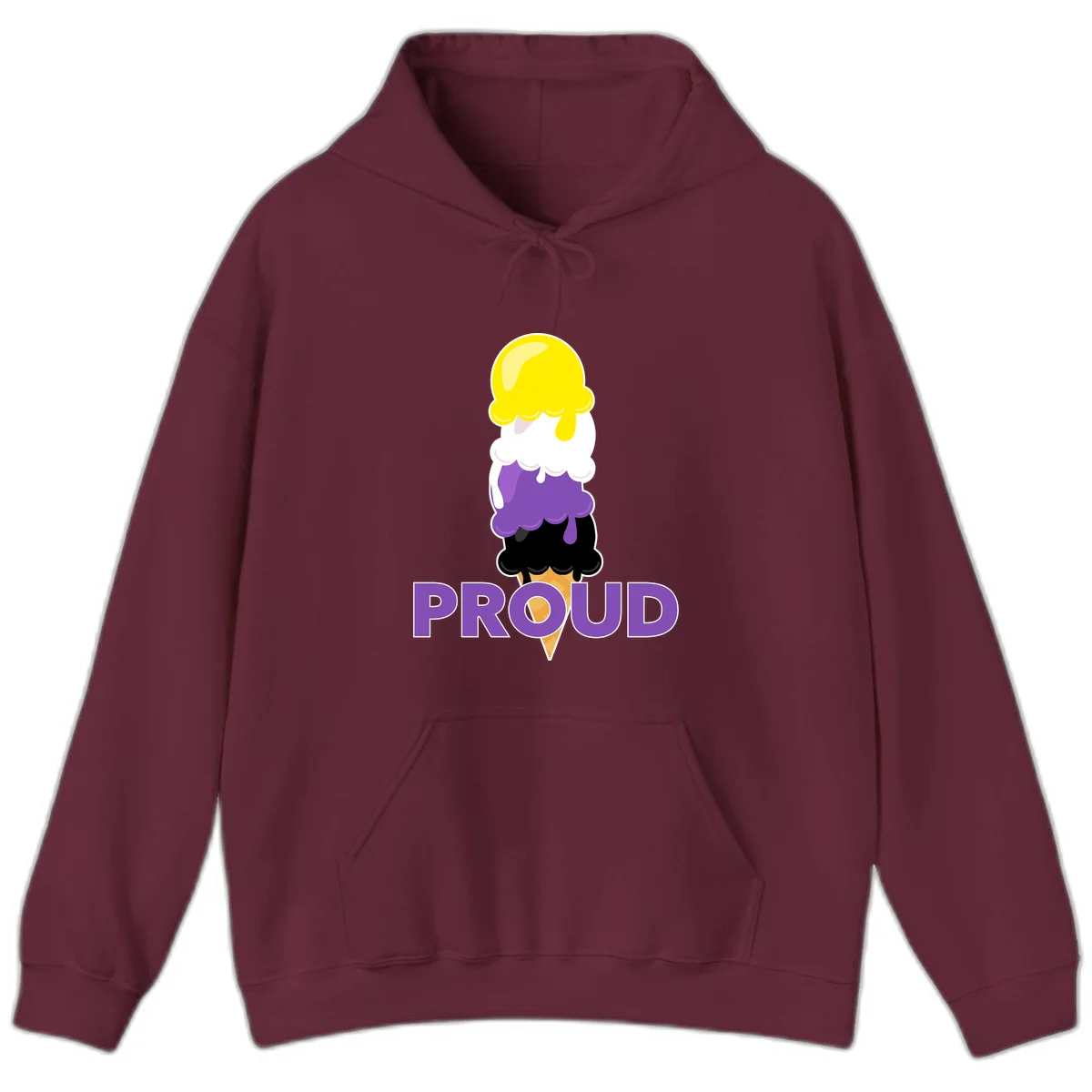 Colorful stacked ice cream cone with yellow, white, purple, and black scoops dripping down a waffle cone, with the word PROUD below in Maroon
