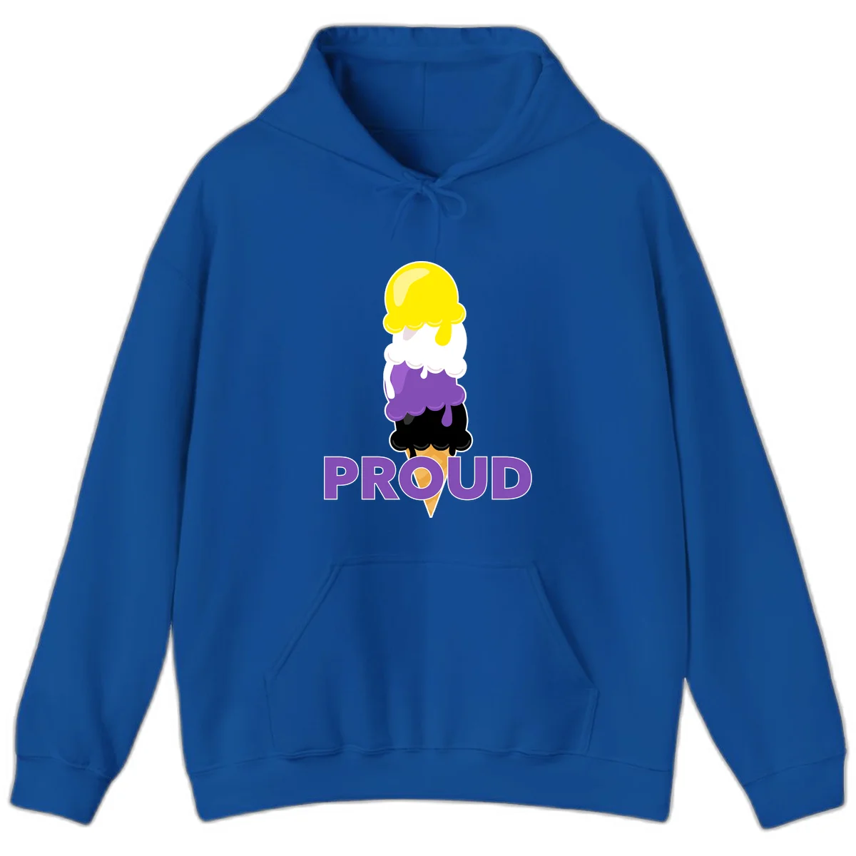 Colorful stacked ice cream cone with yellow, white, purple, and black scoops dripping down a waffle cone, with the word PROUD below in Royal