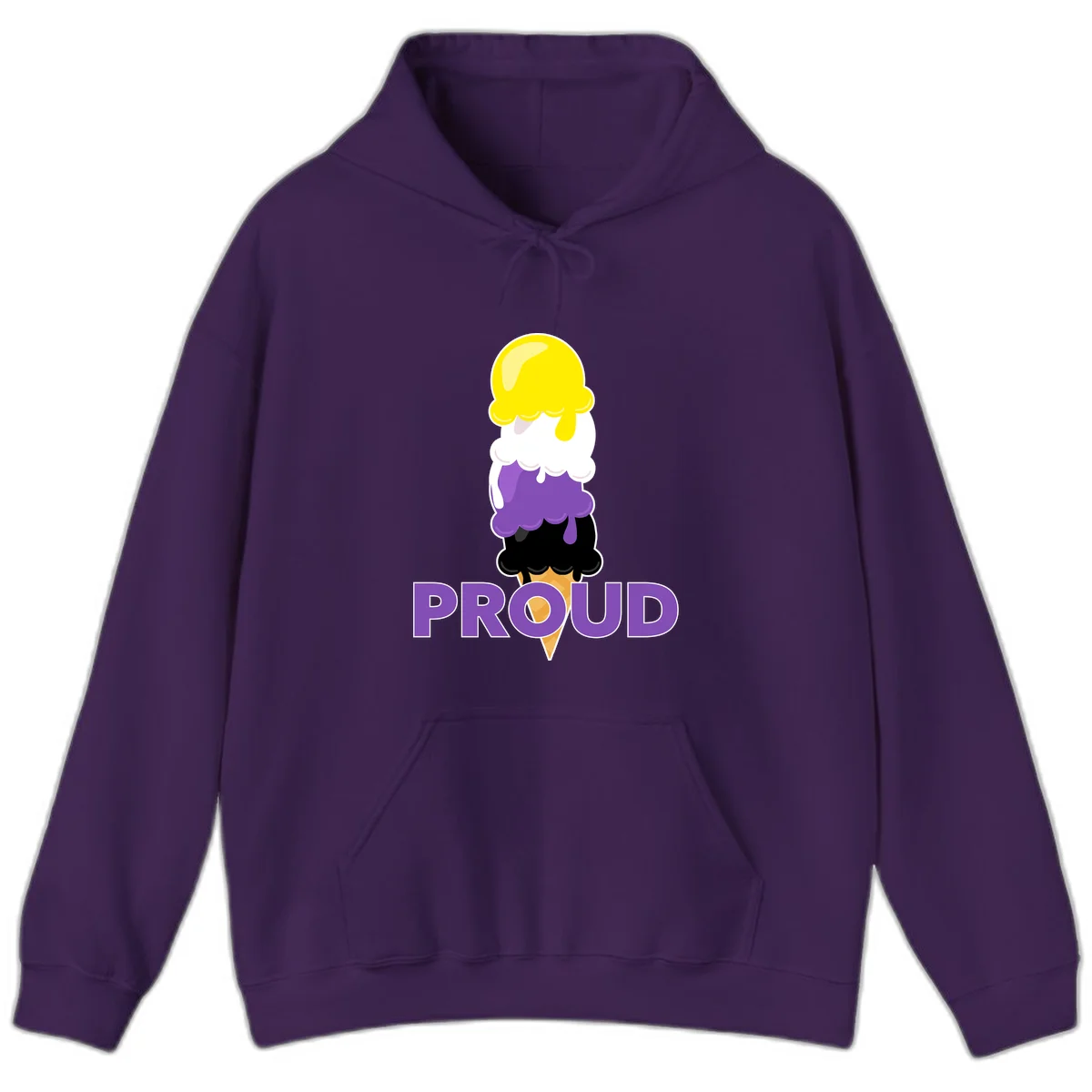 Colorful stacked ice cream cone with yellow, white, purple, and black scoops dripping down a waffle cone, with the word PROUD below in Purple