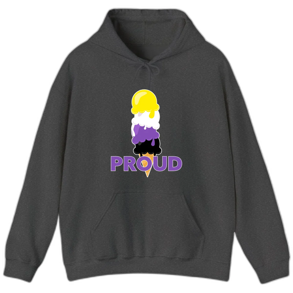 Colorful stacked ice cream cone with yellow, white, purple, and black scoops dripping down a waffle cone, with the word PROUD below in Dark Heather