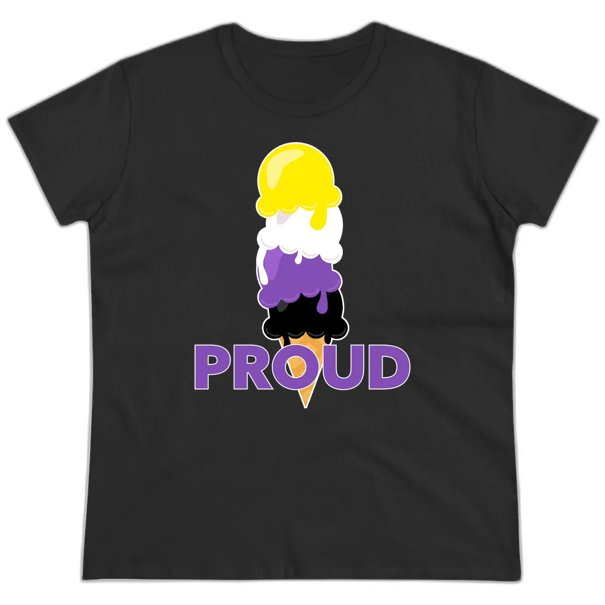 Colorful stacked ice cream cone with yellow, white, purple, and black scoops dripping down a waffle cone, with the word PROUD below in Black