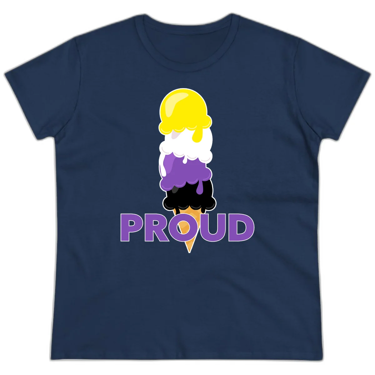 Colorful stacked ice cream cone with yellow, white, purple, and black scoops dripping down a waffle cone, with the word PROUD below in Navy