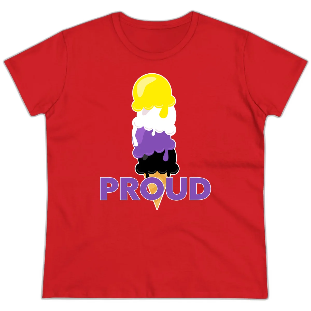 Colorful stacked ice cream cone with yellow, white, purple, and black scoops dripping down a waffle cone, with the word PROUD below in Red
