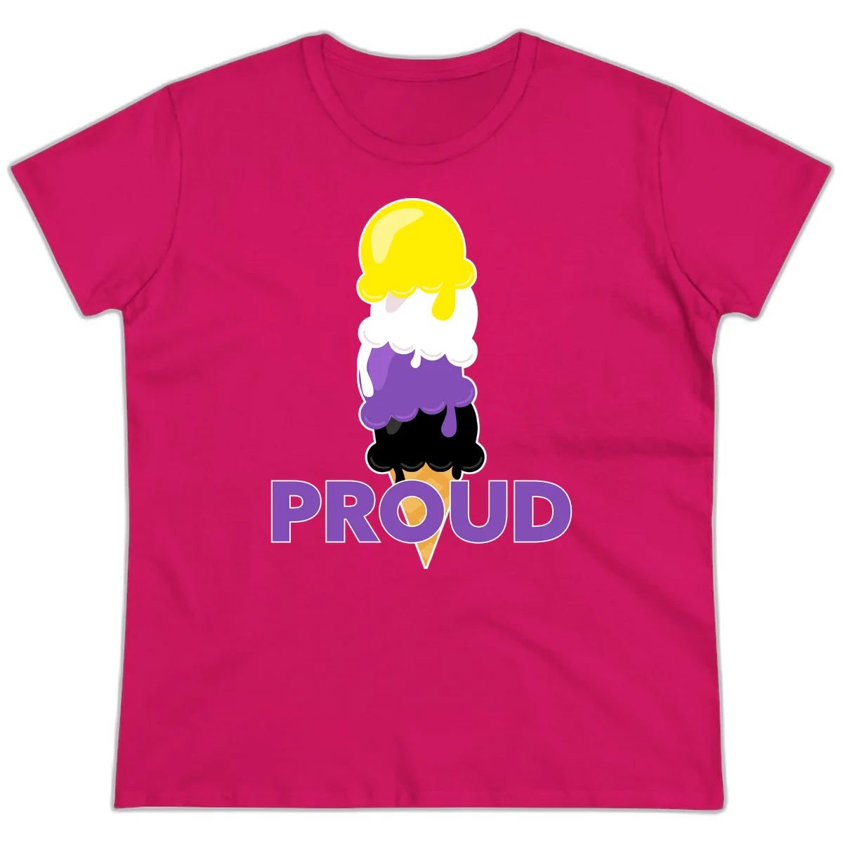 Colorful stacked ice cream cone with yellow, white, purple, and black scoops dripping down a waffle cone, with the word PROUD below in Heliconia
