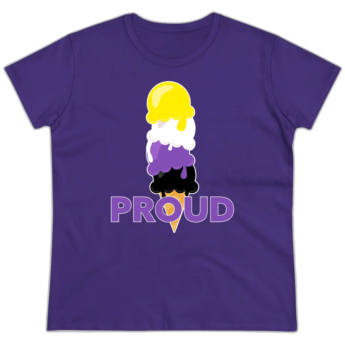 Colorful stacked ice cream cone with yellow, white, purple, and black scoops dripping down a waffle cone, with the word PROUD below in Purple