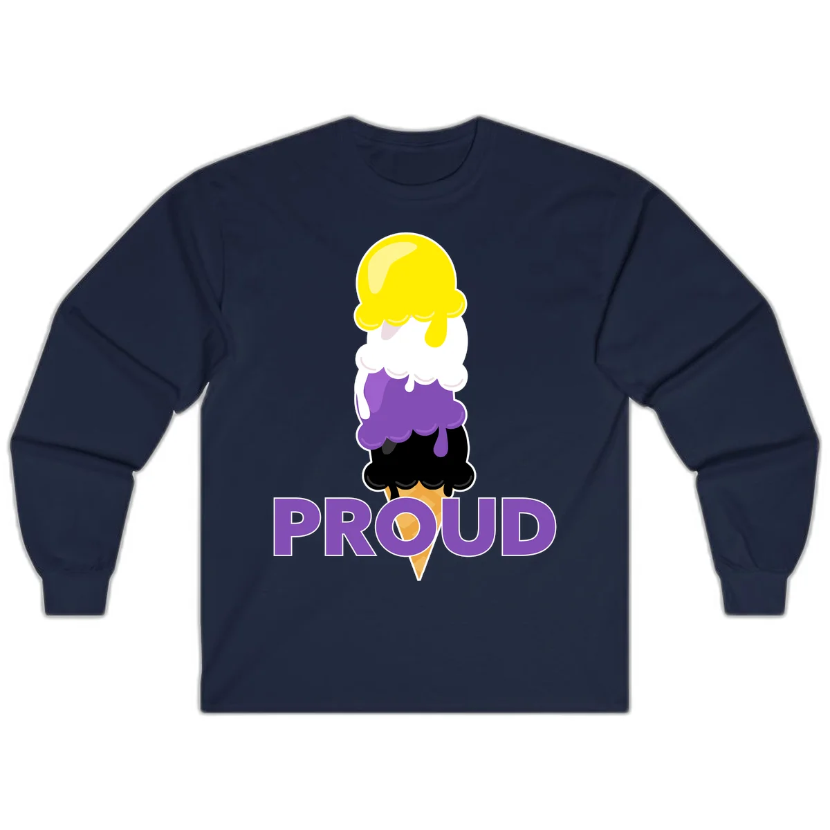 Colorful stacked ice cream cone with yellow, white, purple, and black scoops dripping down a waffle cone, with the word PROUD below in Navy