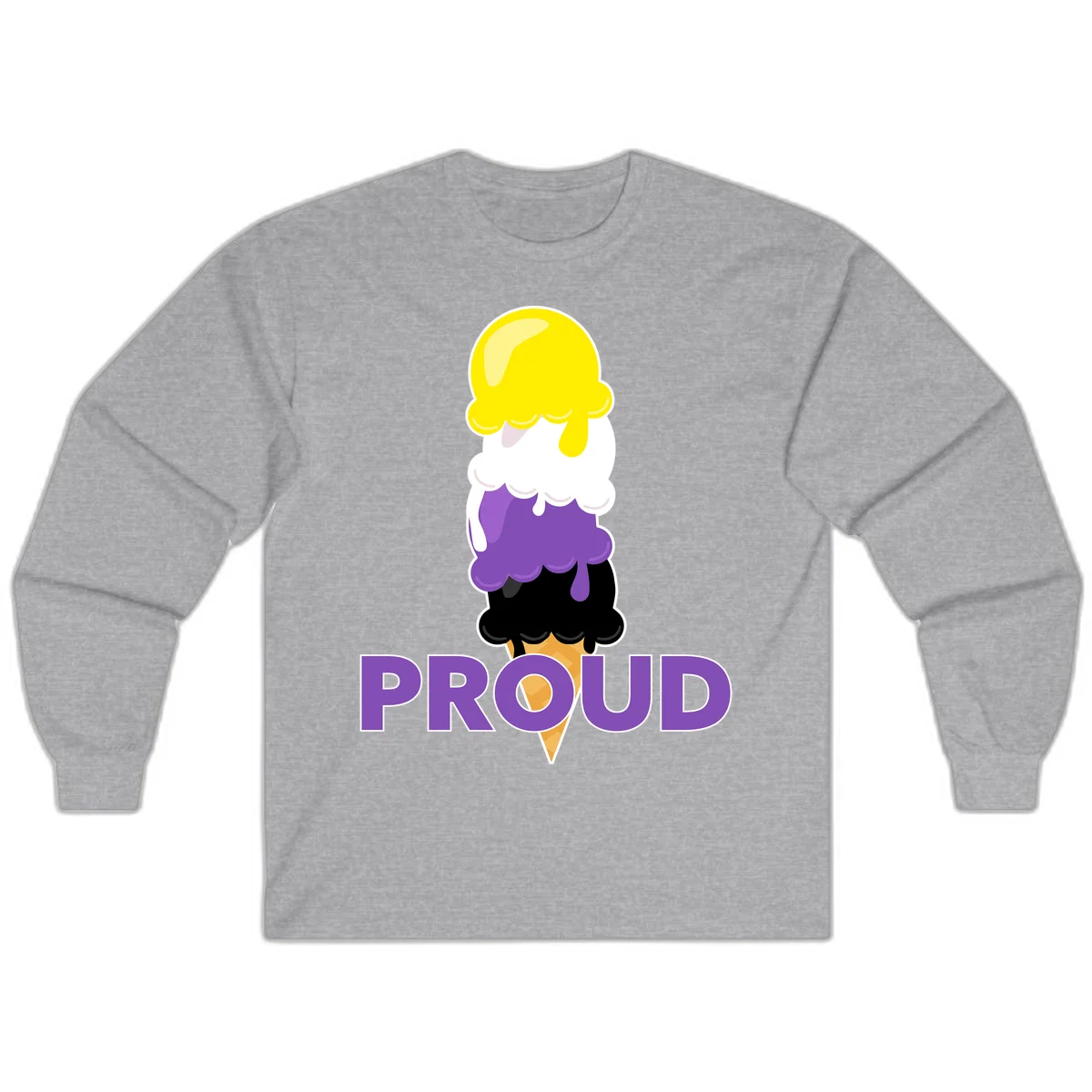 Colorful stacked ice cream cone with yellow, white, purple, and black scoops dripping down a waffle cone, with the word PROUD below in Sport Grey
