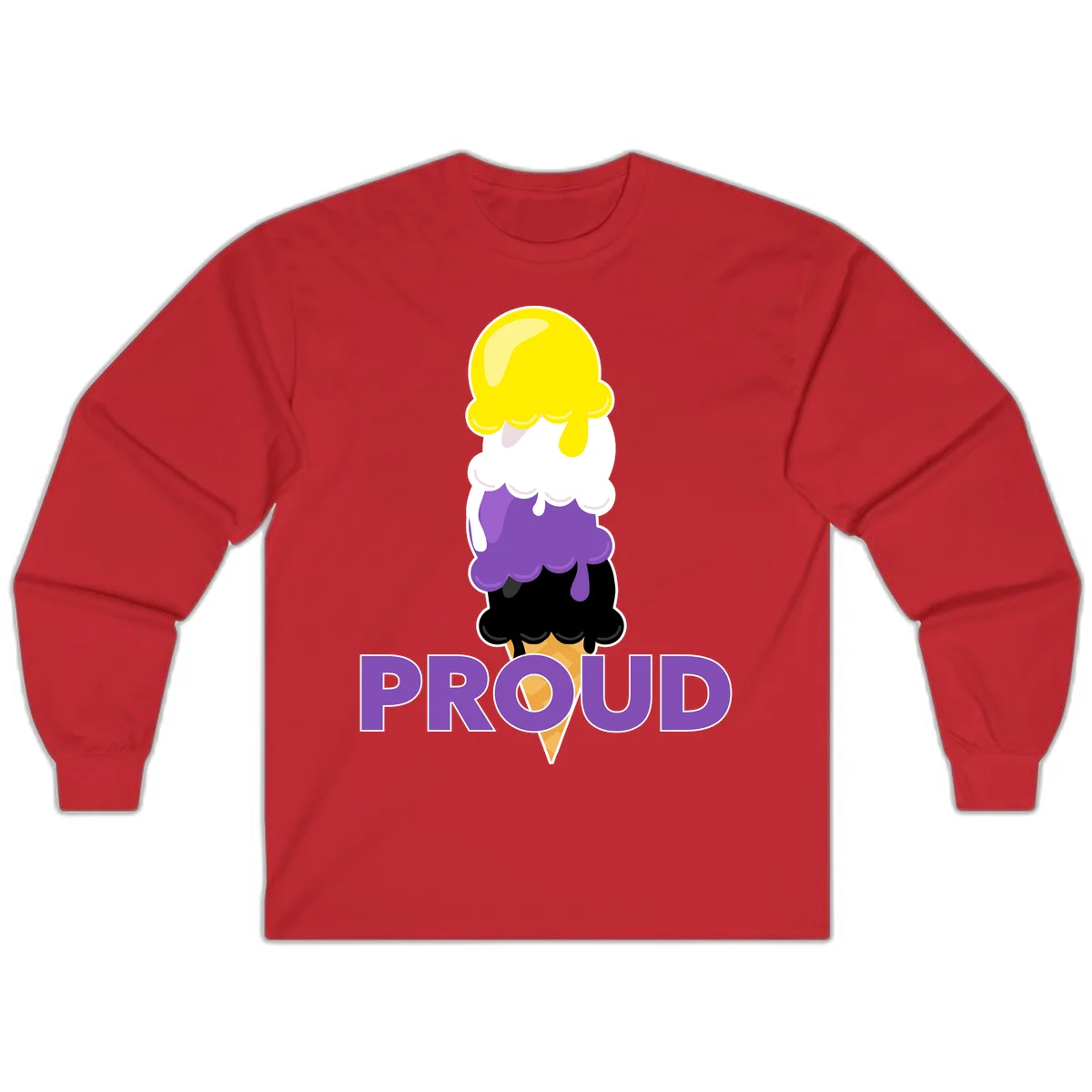 Colorful stacked ice cream cone with yellow, white, purple, and black scoops dripping down a waffle cone, with the word PROUD below in Red