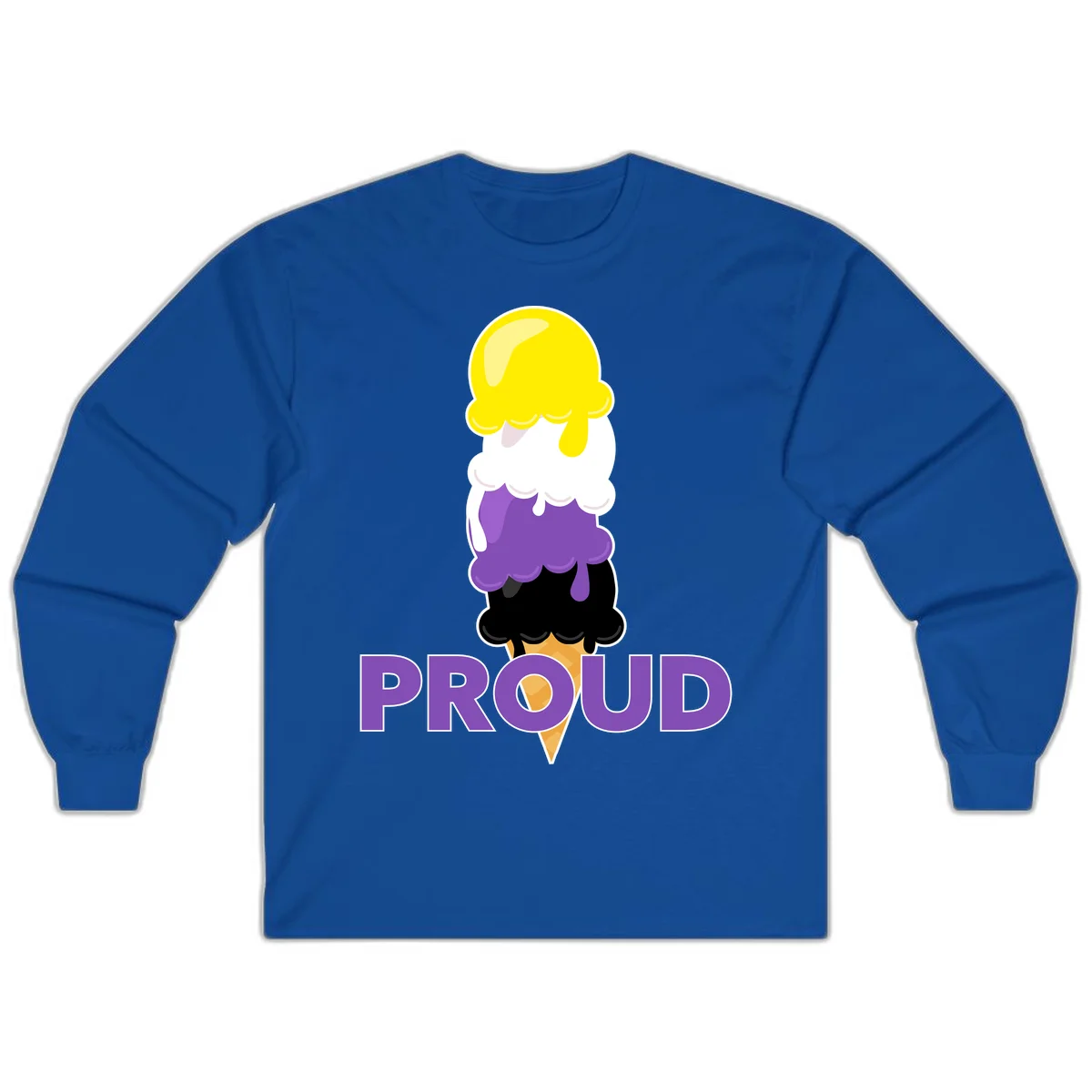 Colorful stacked ice cream cone with yellow, white, purple, and black scoops dripping down a waffle cone, with the word PROUD below in Royal