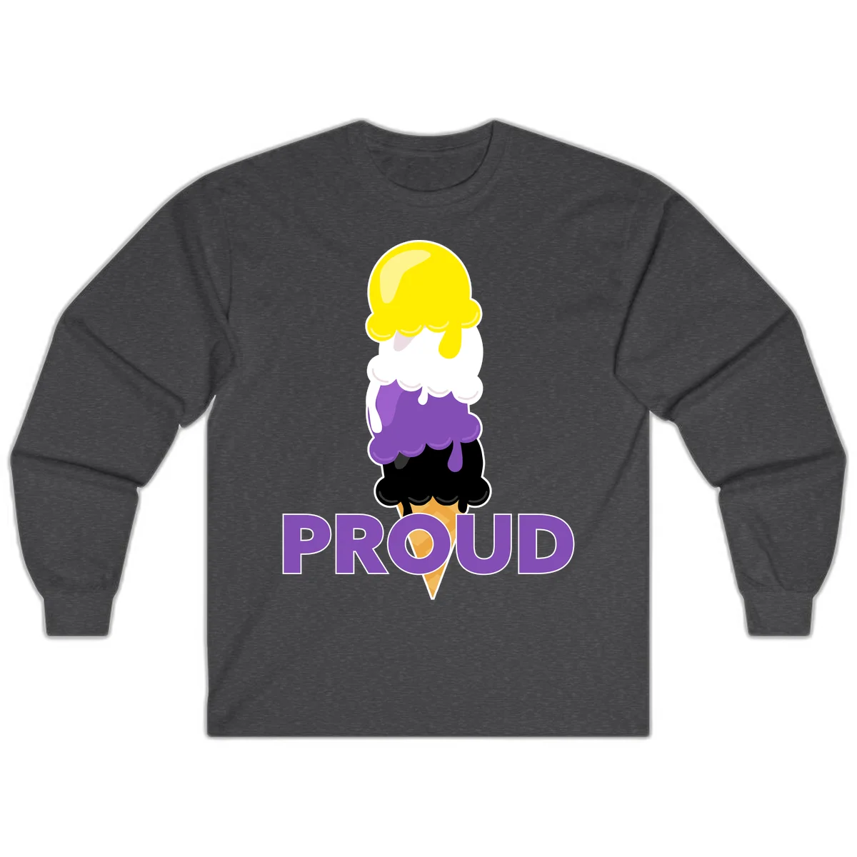 Colorful stacked ice cream cone with yellow, white, purple, and black scoops dripping down a waffle cone, with the word PROUD below in Dark Heather