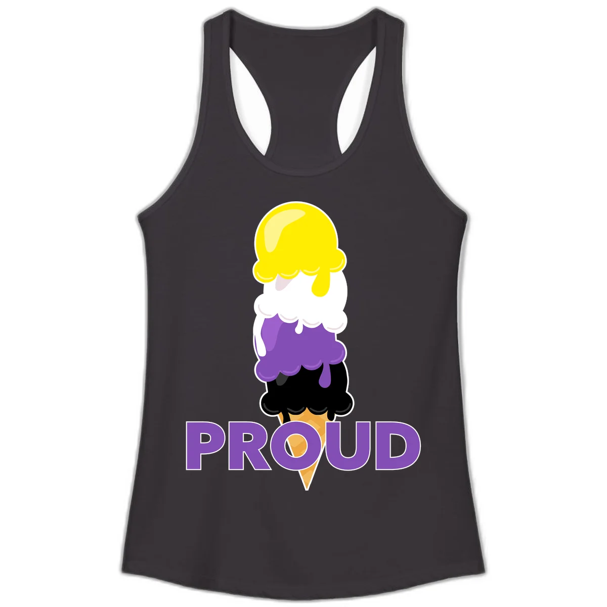 Colorful stacked ice cream cone with yellow, white, purple, and black scoops dripping down a waffle cone, with the word PROUD below in Black