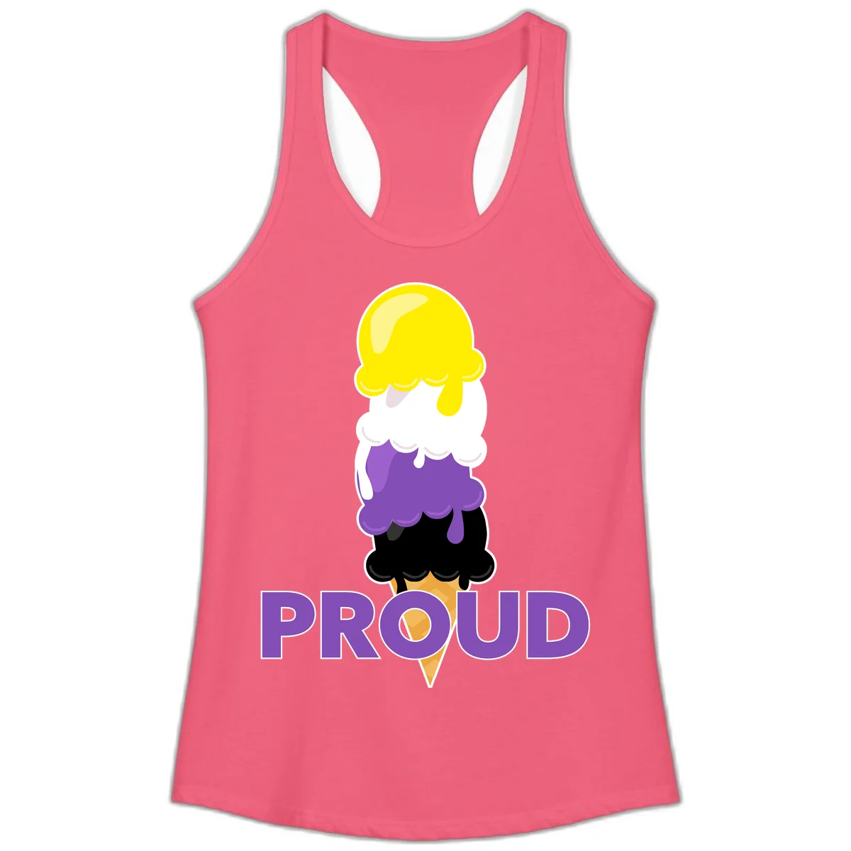 Colorful stacked ice cream cone with yellow, white, purple, and black scoops dripping down a waffle cone, with the word PROUD below in Hot Pink