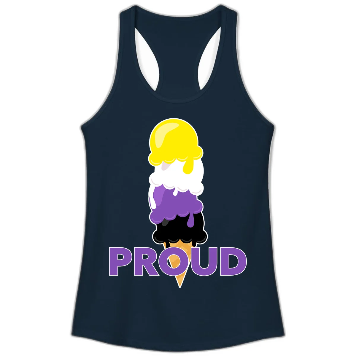 Colorful stacked ice cream cone with yellow, white, purple, and black scoops dripping down a waffle cone, with the word PROUD below in Solid Midnight Navy