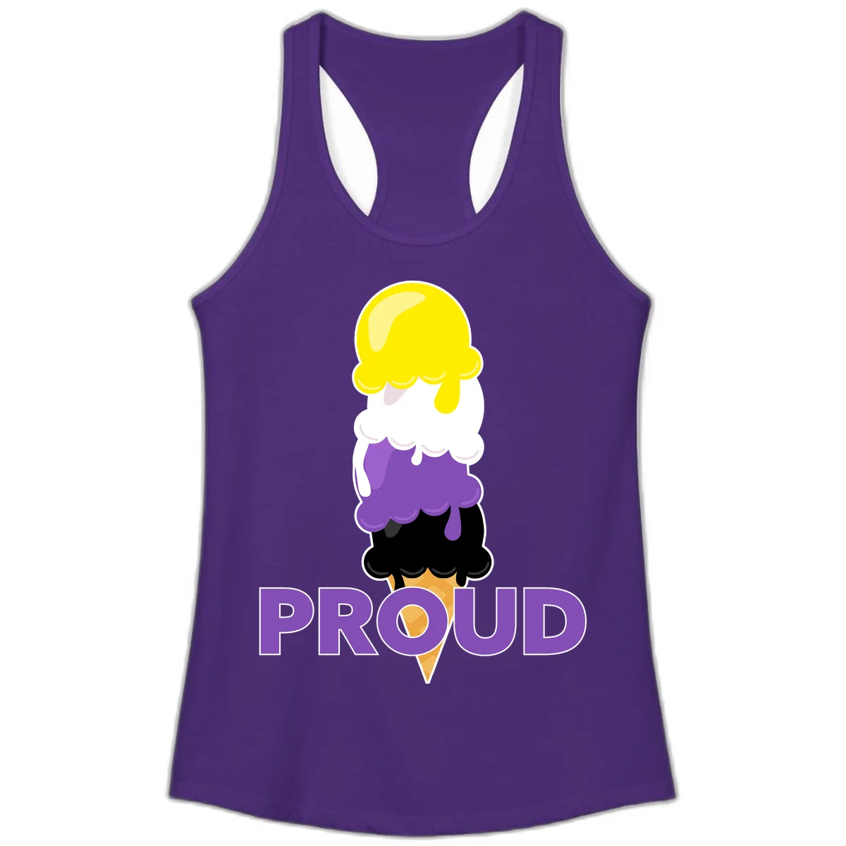 Colorful stacked ice cream cone with yellow, white, purple, and black scoops dripping down a waffle cone, with the word PROUD below in Solid Purple Rush
