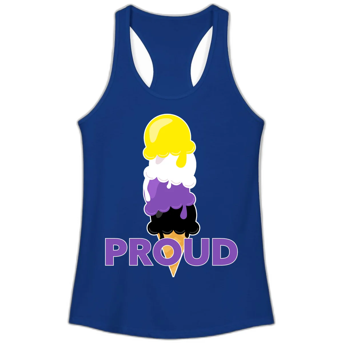 Colorful stacked ice cream cone with yellow, white, purple, and black scoops dripping down a waffle cone, with the word PROUD below in Solid Royal