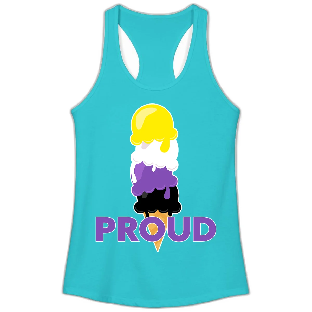 Colorful stacked ice cream cone with yellow, white, purple, and black scoops dripping down a waffle cone, with the word PROUD below in Solid Tahiti Blue