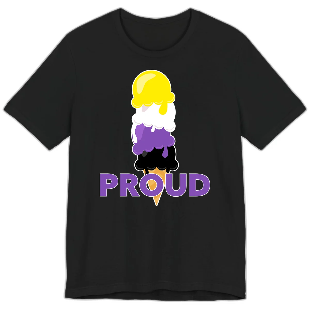 Colorful stacked ice cream cone with yellow, white, purple, and black scoops dripping down a waffle cone, with the word PROUD below in Black