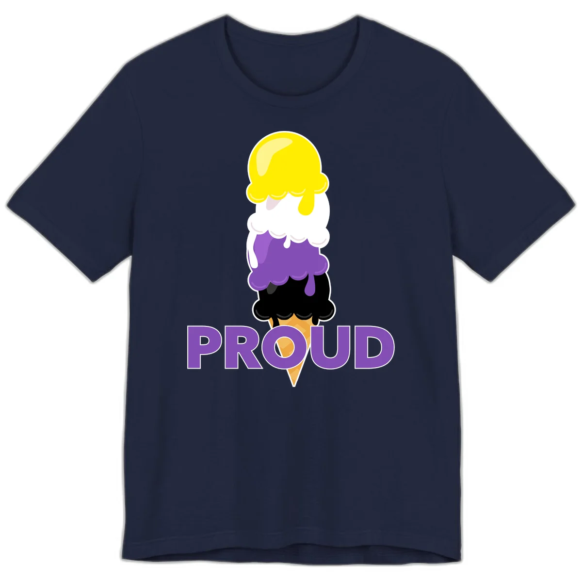 Colorful stacked ice cream cone with yellow, white, purple, and black scoops dripping down a waffle cone, with the word PROUD below in Navy