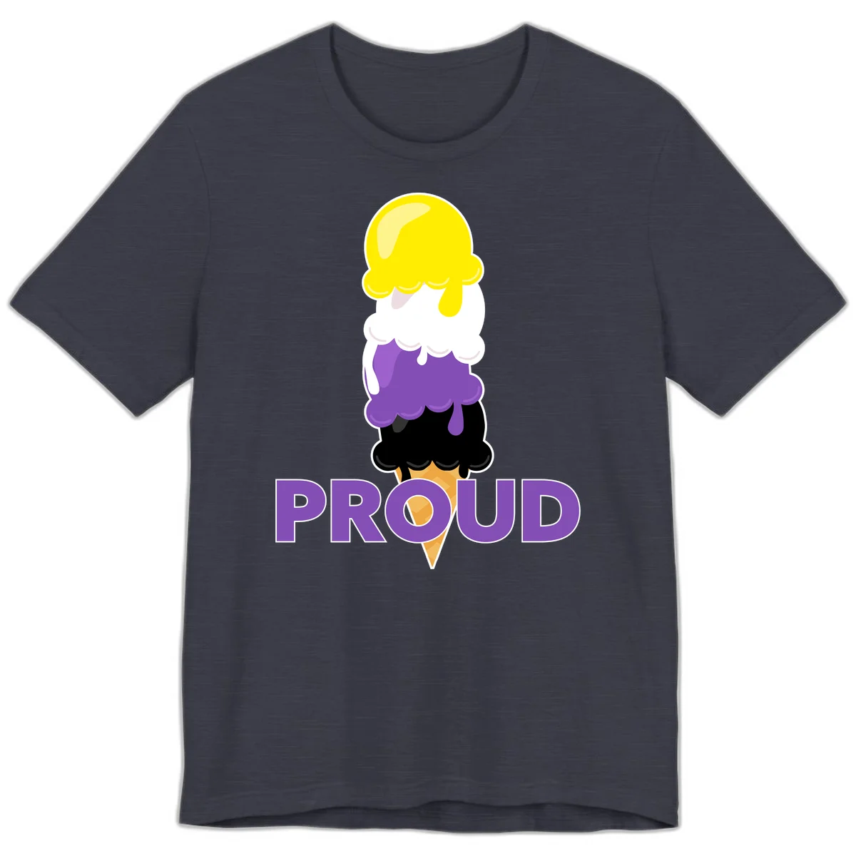 Colorful stacked ice cream cone with yellow, white, purple, and black scoops dripping down a waffle cone, with the word PROUD below in Heather Midnight Navy