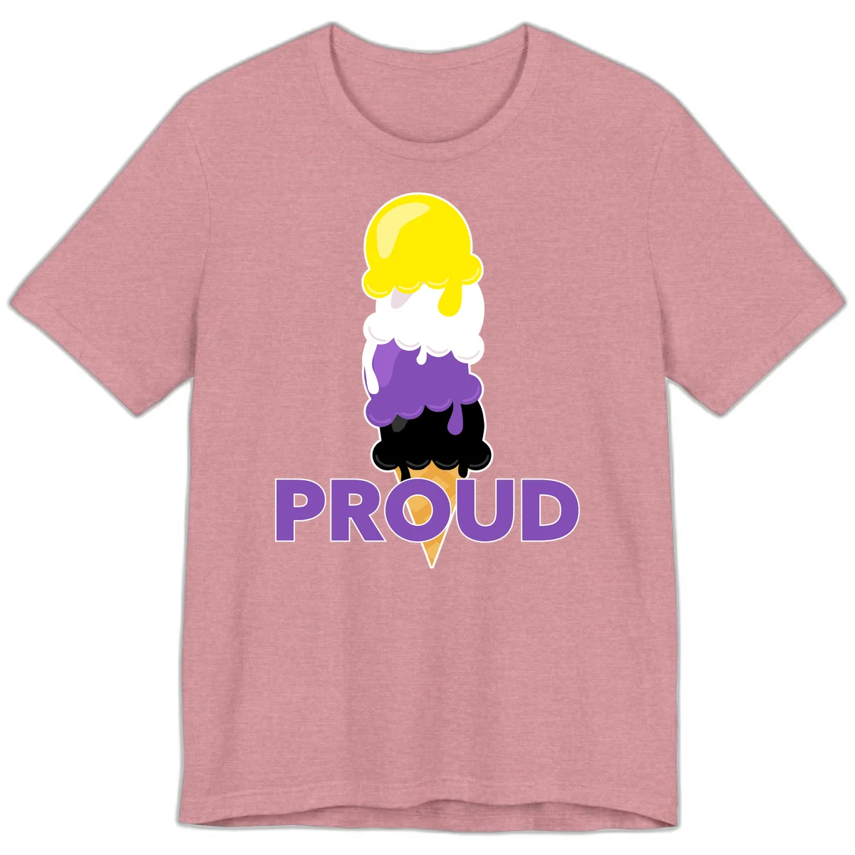 Colorful stacked ice cream cone with yellow, white, purple, and black scoops dripping down a waffle cone, with the word PROUD below in Heather Orchid