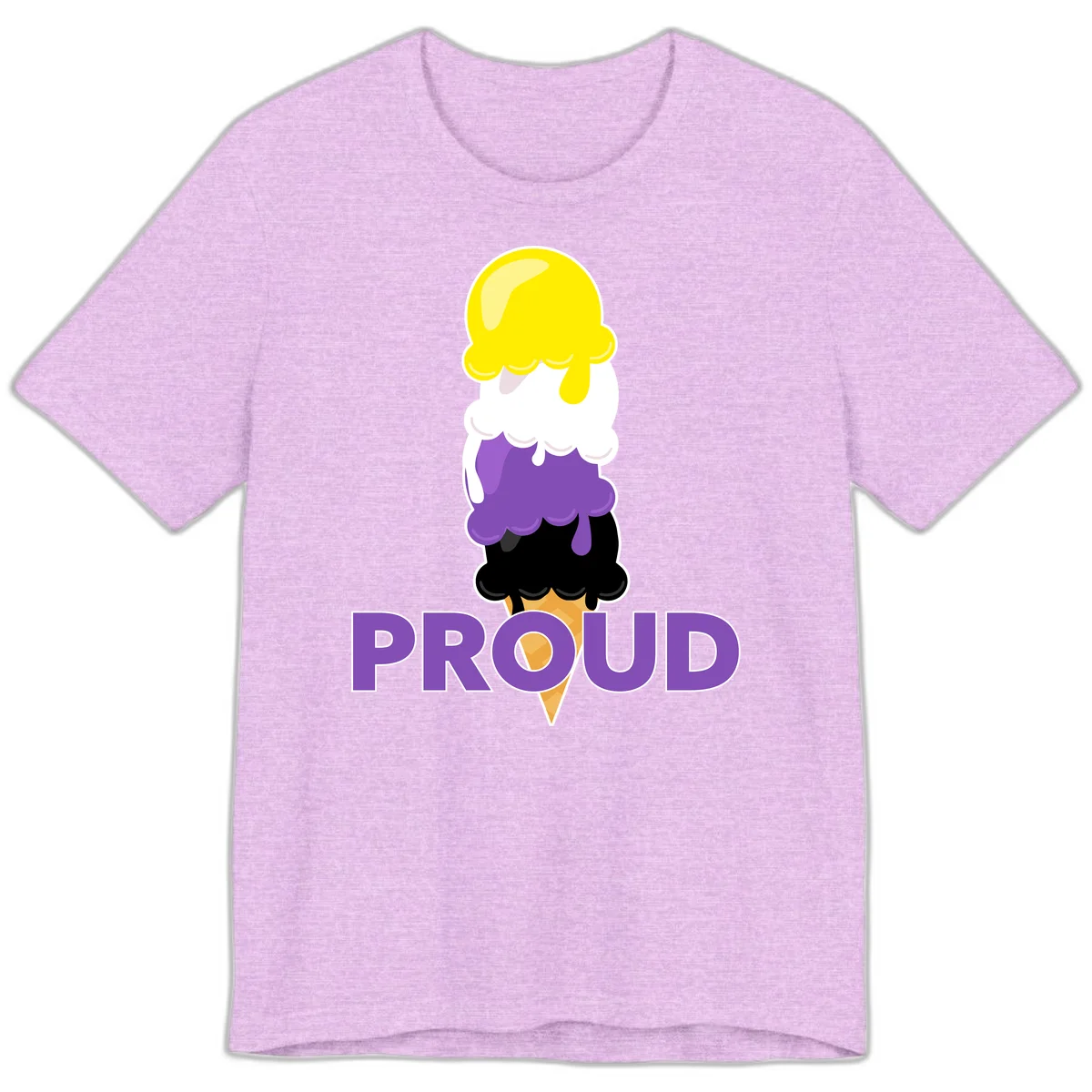 Colorful stacked ice cream cone with yellow, white, purple, and black scoops dripping down a waffle cone, with the word PROUD below in Heather Prism Lilac