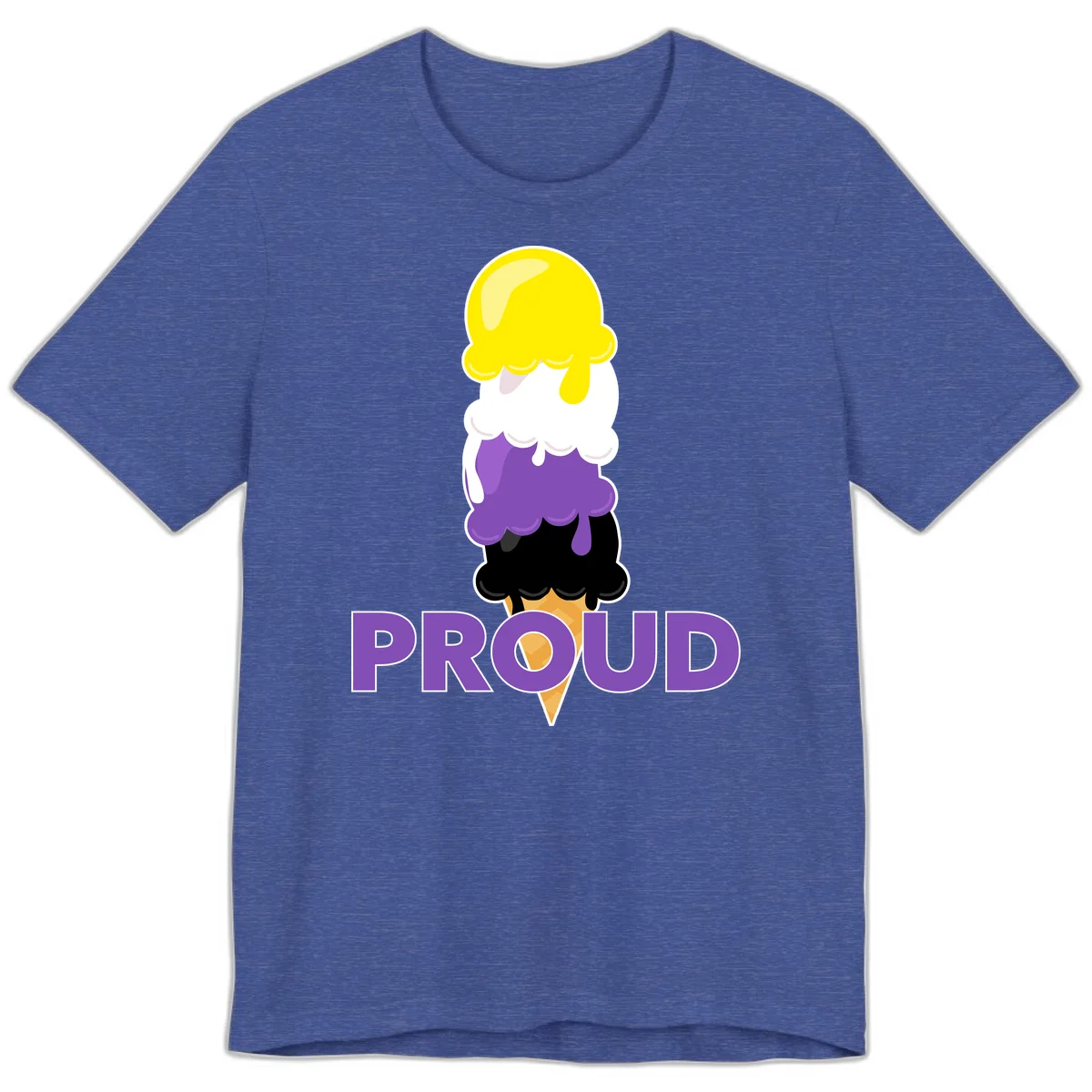 Colorful stacked ice cream cone with yellow, white, purple, and black scoops dripping down a waffle cone, with the word PROUD below in Heather True Royal