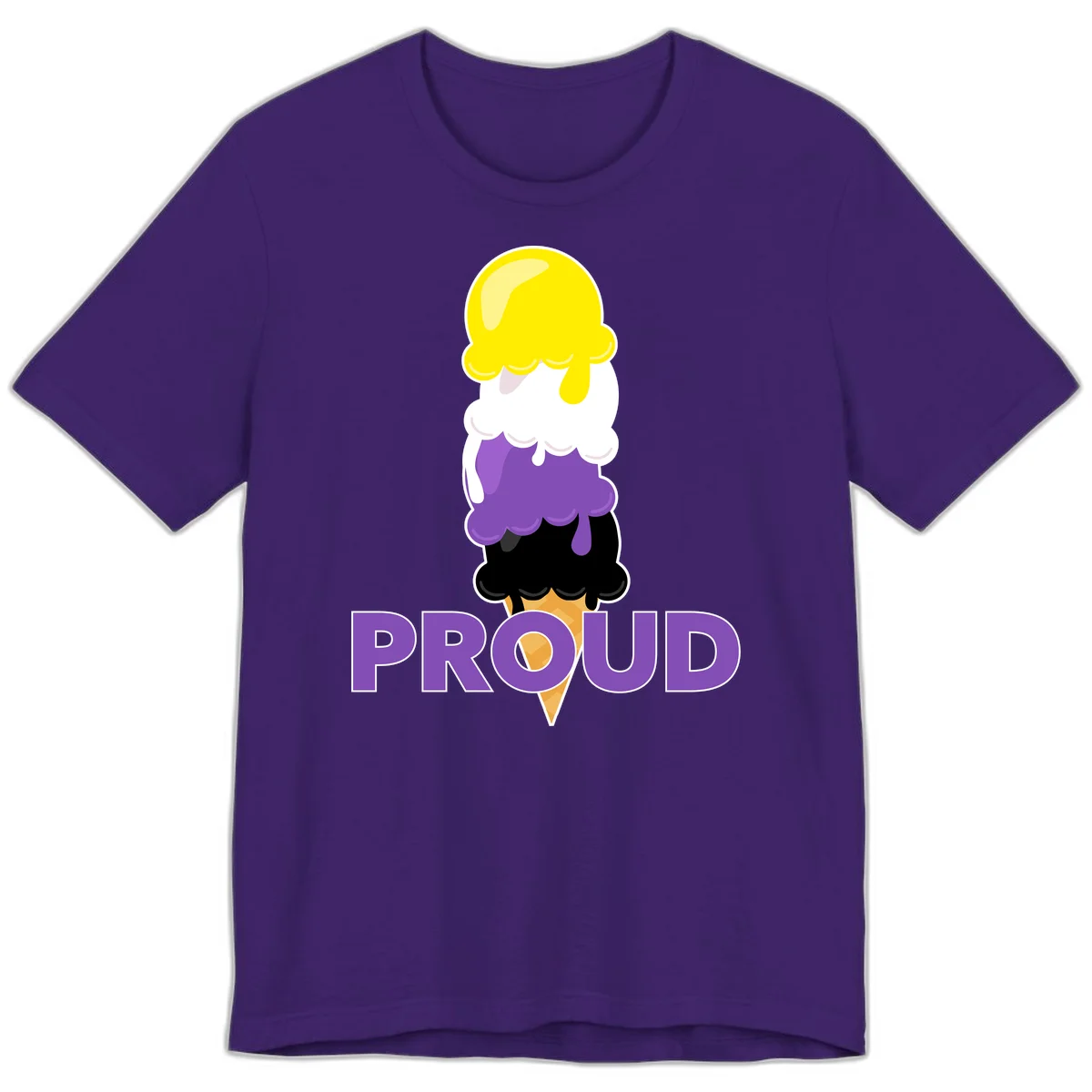 Colorful stacked ice cream cone with yellow, white, purple, and black scoops dripping down a waffle cone, with the word PROUD below in Team Purple