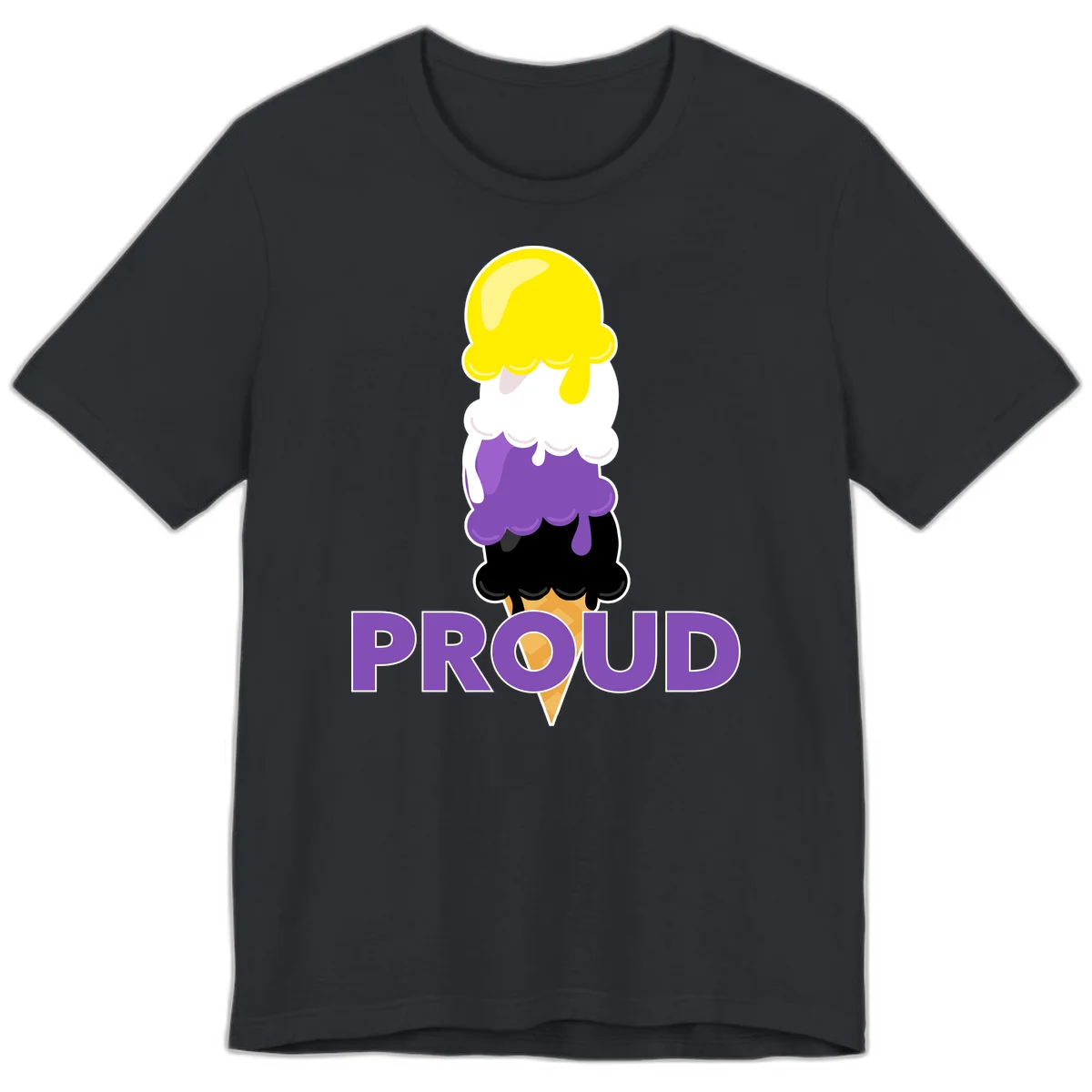 Colorful stacked ice cream cone with yellow, white, purple, and black scoops dripping down a waffle cone, with the word PROUD below in Vintage Black