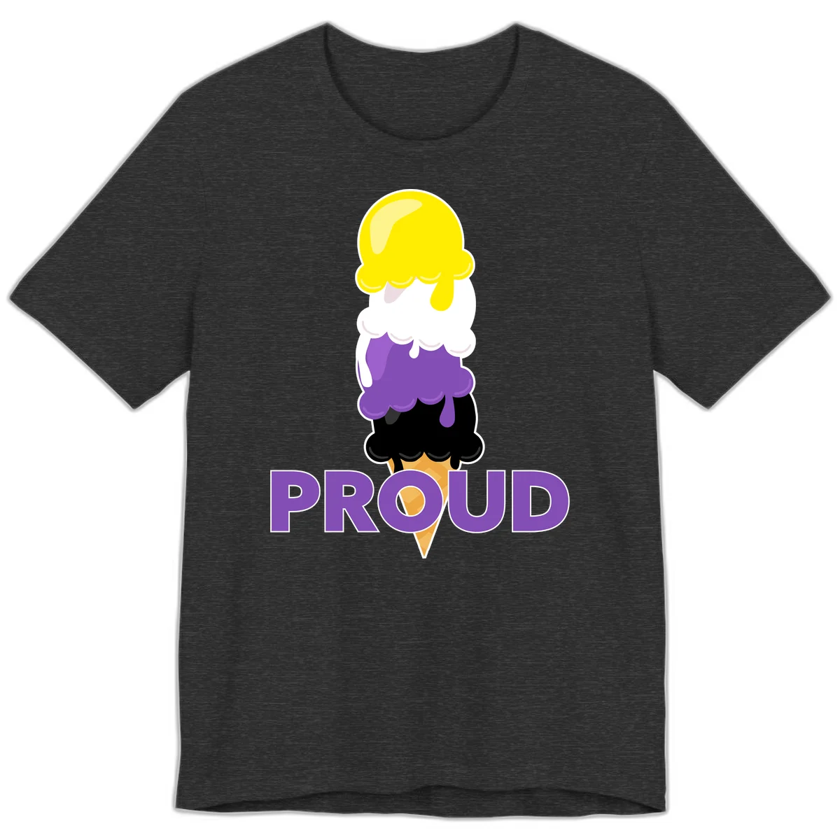 Colorful stacked ice cream cone with yellow, white, purple, and black scoops dripping down a waffle cone, with the word PROUD below in Dark Grey Heather