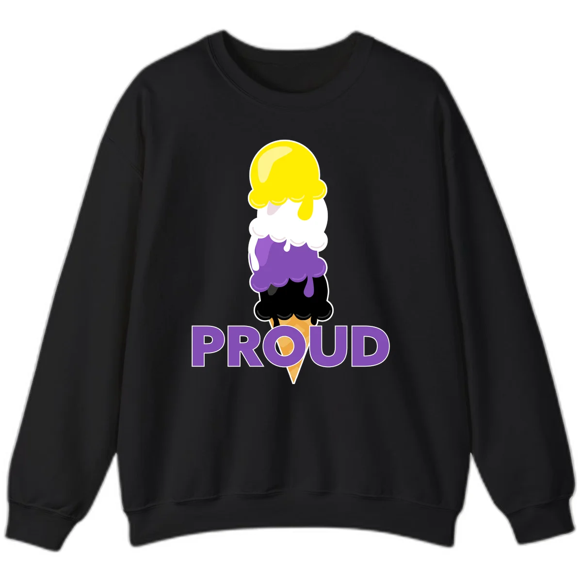 Colorful stacked ice cream cone with yellow, white, purple, and black scoops dripping down a waffle cone, with the word PROUD below in Black