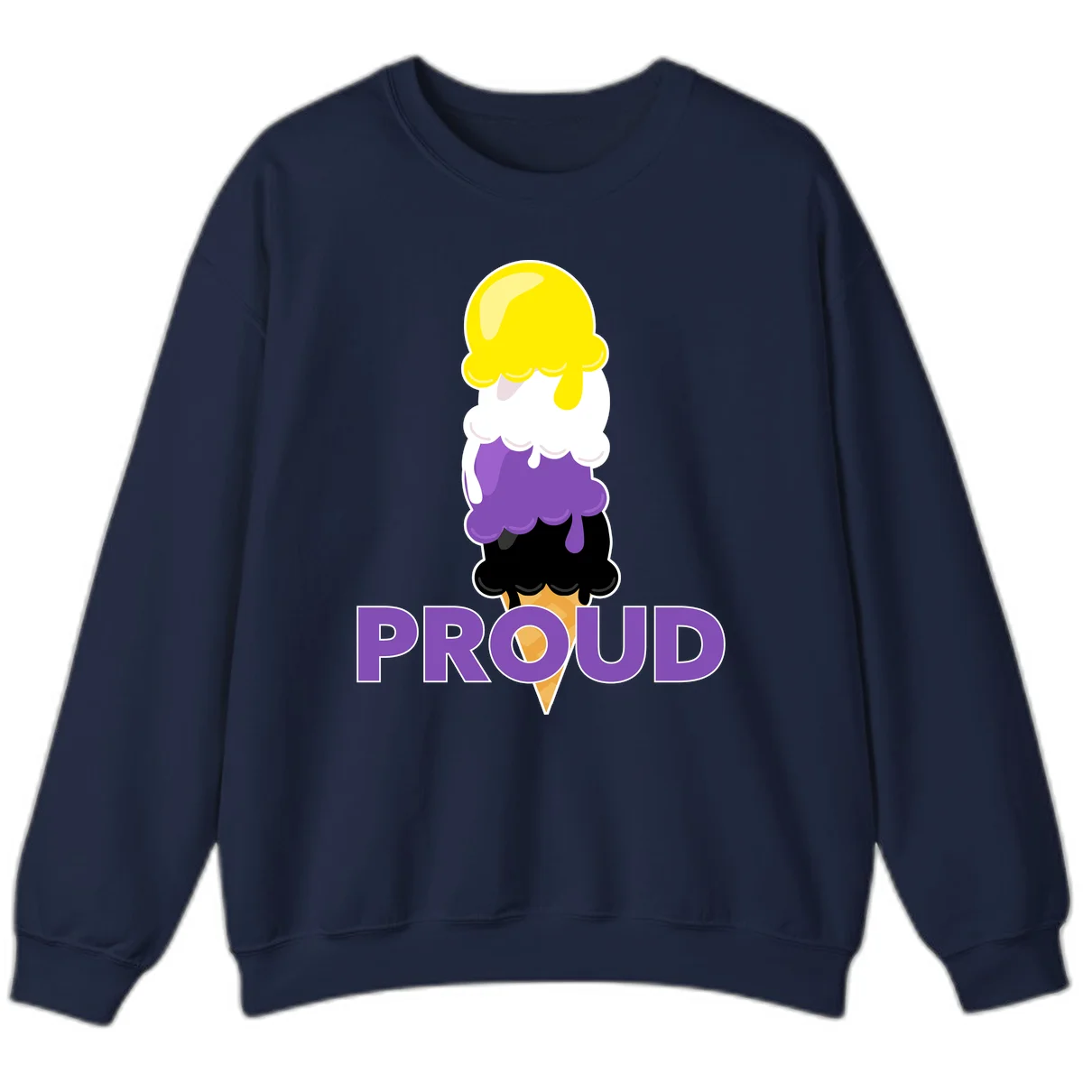 Colorful stacked ice cream cone with yellow, white, purple, and black scoops dripping down a waffle cone, with the word PROUD below in Navy