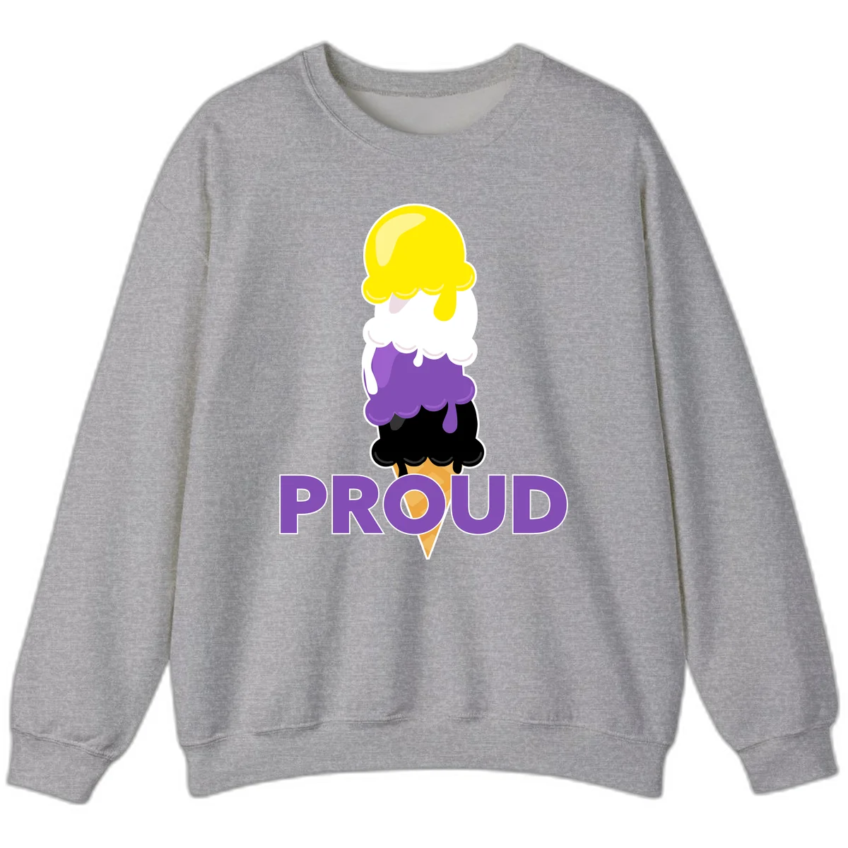 Colorful stacked ice cream cone with yellow, white, purple, and black scoops dripping down a waffle cone, with the word PROUD below in Sport Grey