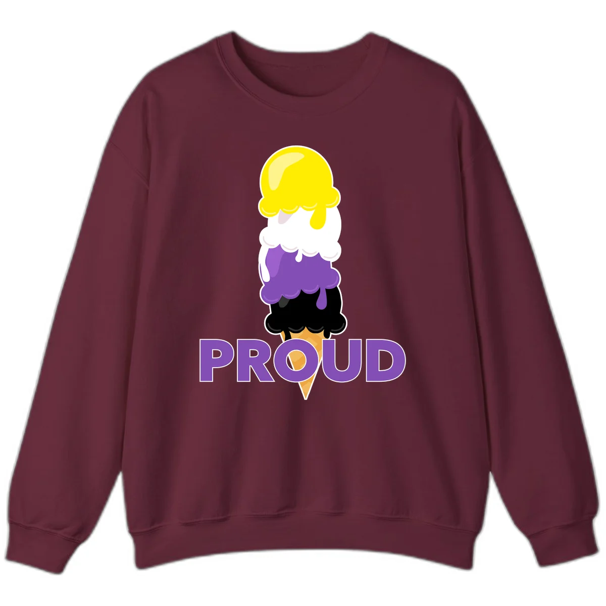 Colorful stacked ice cream cone with yellow, white, purple, and black scoops dripping down a waffle cone, with the word PROUD below in Maroon