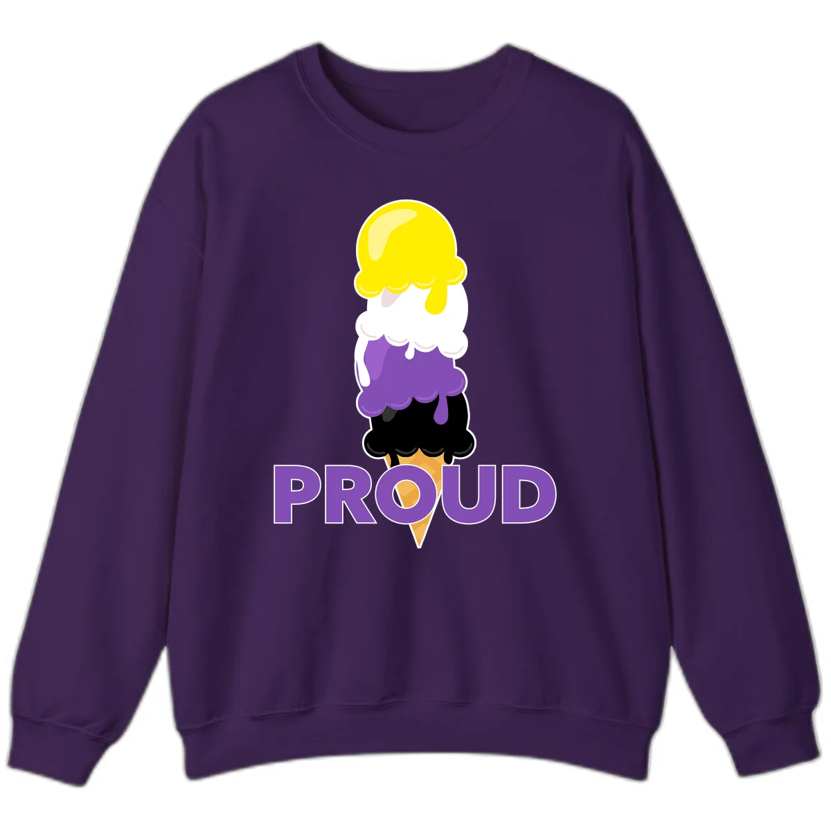 Colorful stacked ice cream cone with yellow, white, purple, and black scoops dripping down a waffle cone, with the word PROUD below in Purple