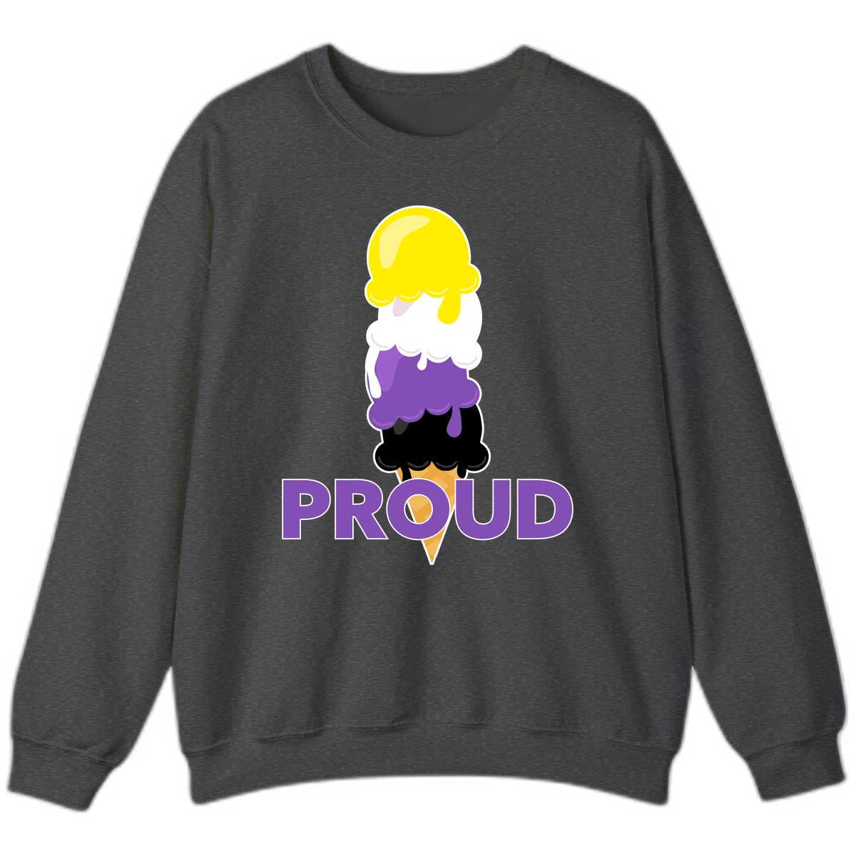 Colorful stacked ice cream cone with yellow, white, purple, and black scoops dripping down a waffle cone, with the word PROUD below in Dark Heather