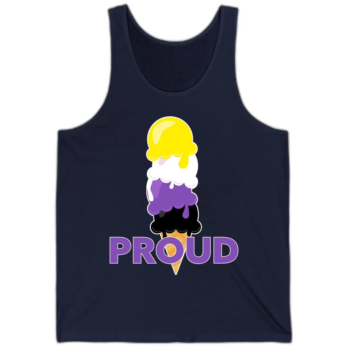 Colorful stacked ice cream cone with yellow, white, purple, and black scoops dripping down a waffle cone, with the word PROUD below in Navy