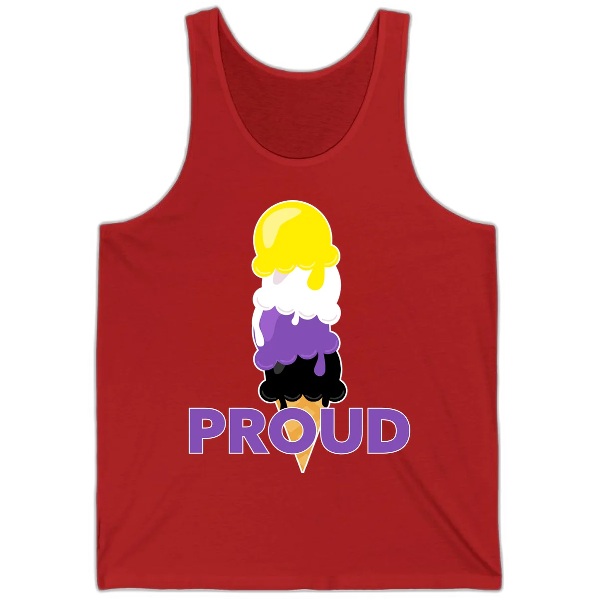 Colorful stacked ice cream cone with yellow, white, purple, and black scoops dripping down a waffle cone, with the word PROUD below in Red