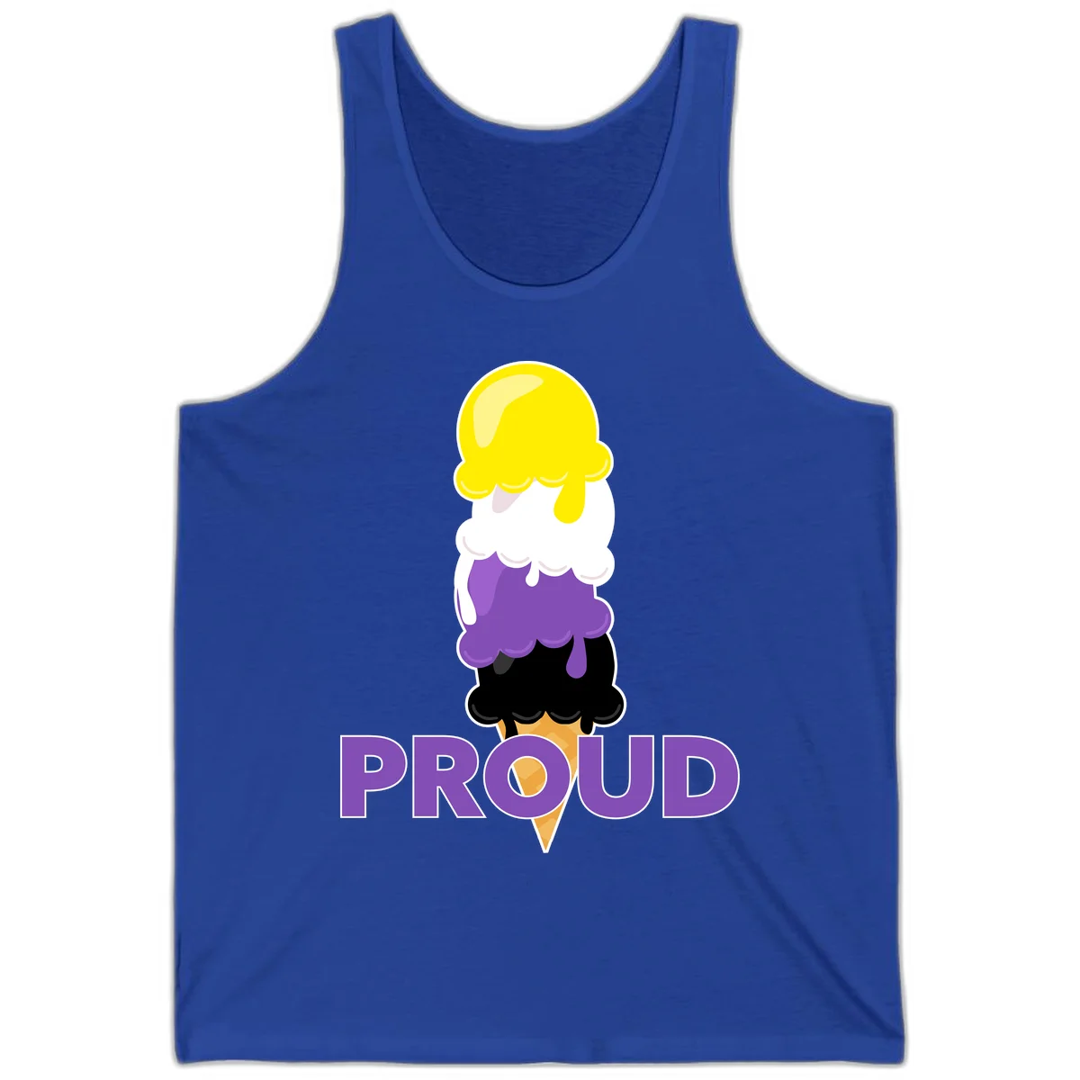 Colorful stacked ice cream cone with yellow, white, purple, and black scoops dripping down a waffle cone, with the word PROUD below in True Royal