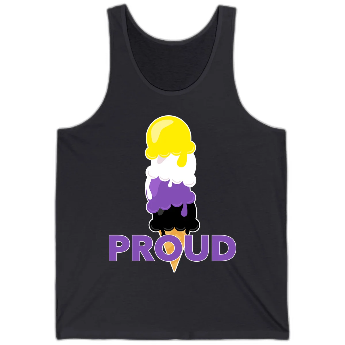 Colorful stacked ice cream cone with yellow, white, purple, and black scoops dripping down a waffle cone, with the word PROUD below in Dark Grey