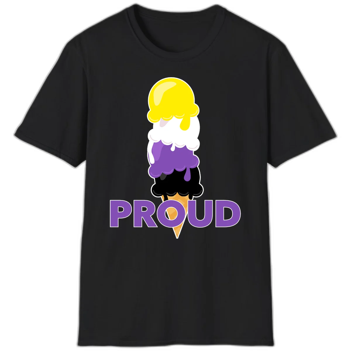Colorful stacked ice cream cone with yellow, white, purple, and black scoops dripping down a waffle cone, with the word PROUD below in Black