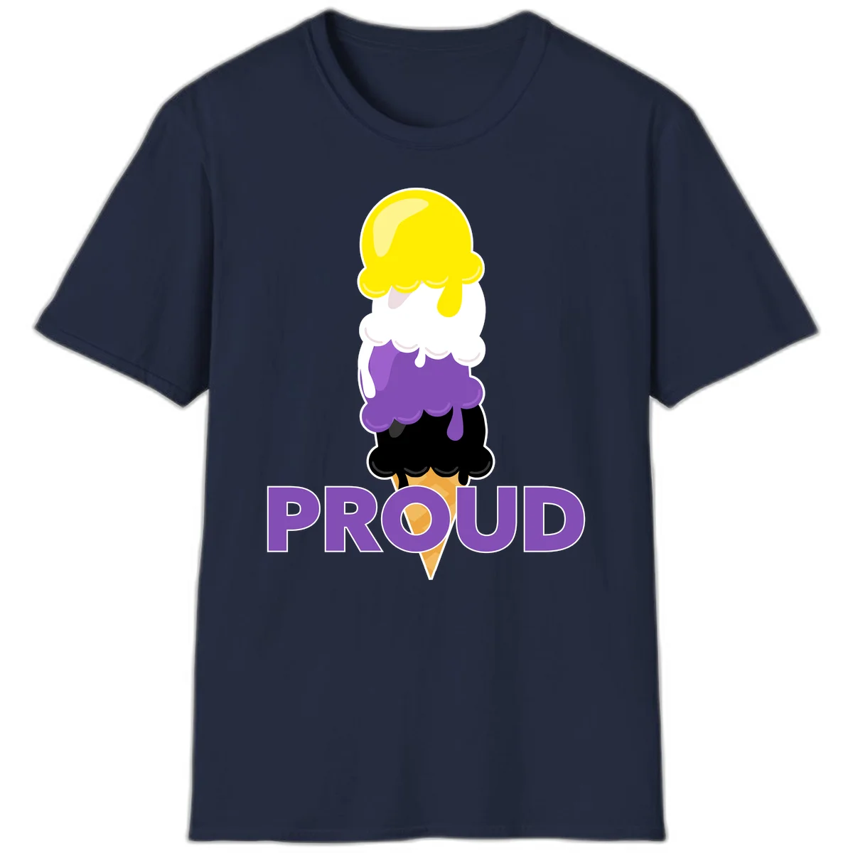 Colorful stacked ice cream cone with yellow, white, purple, and black scoops dripping down a waffle cone, with the word PROUD below in Navy