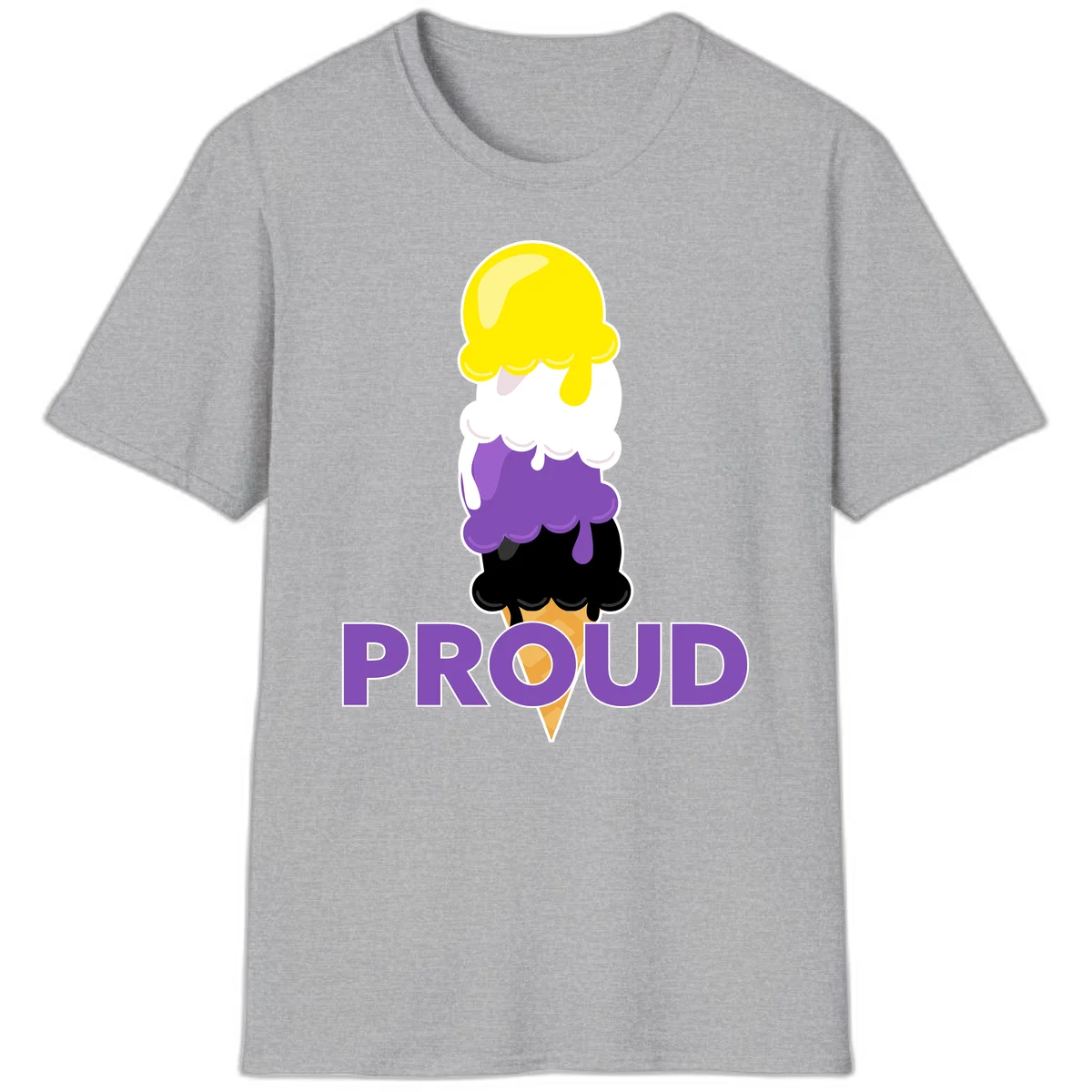 Colorful stacked ice cream cone with yellow, white, purple, and black scoops dripping down a waffle cone, with the word PROUD below in Sport Grey