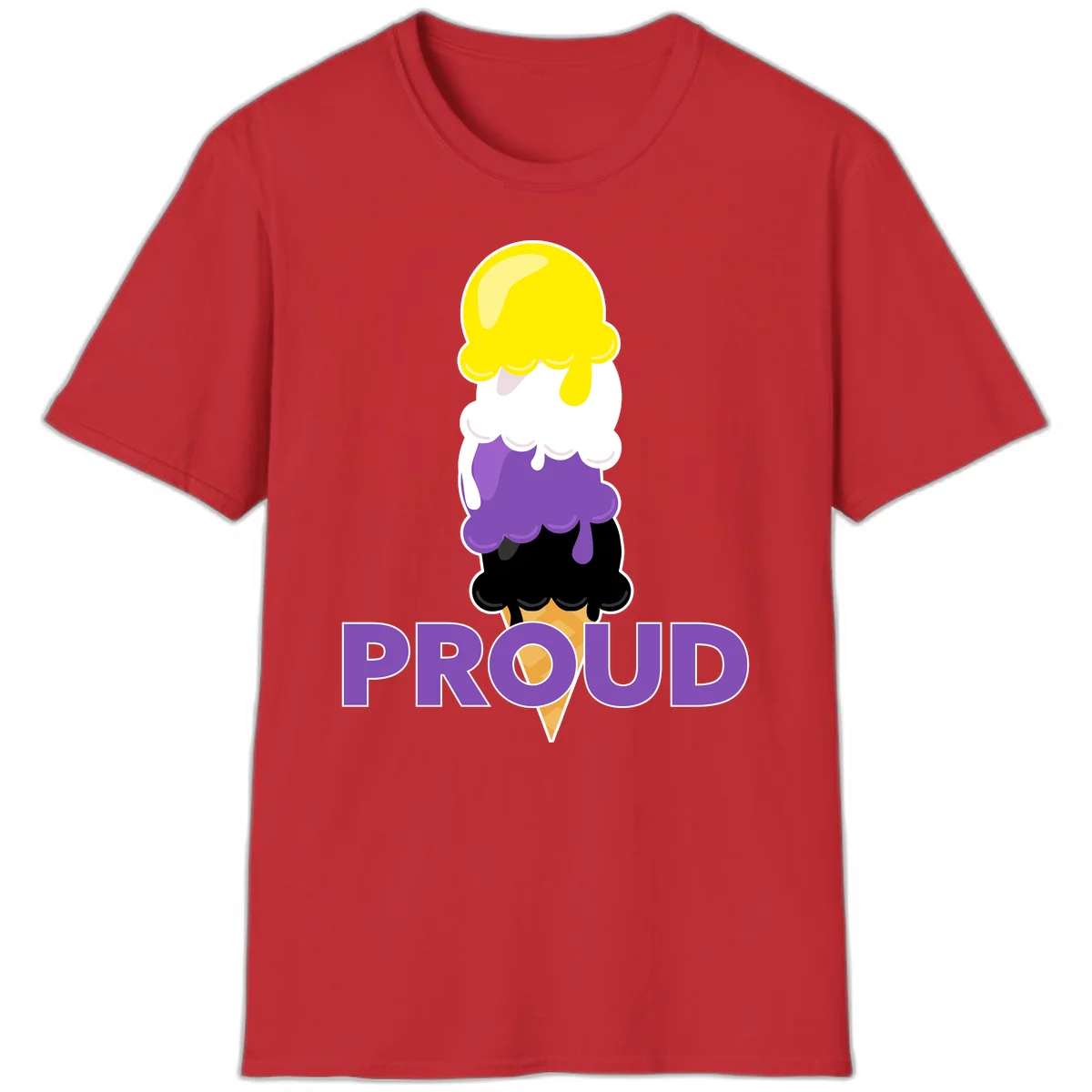 Colorful stacked ice cream cone with yellow, white, purple, and black scoops dripping down a waffle cone, with the word PROUD below in Red