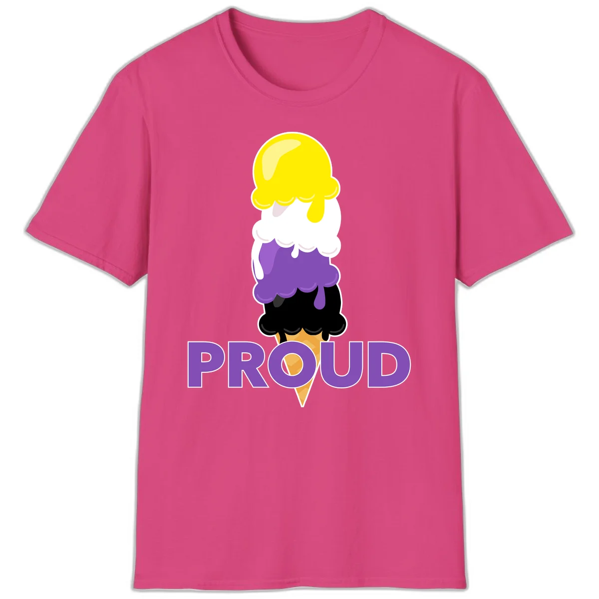 Colorful stacked ice cream cone with yellow, white, purple, and black scoops dripping down a waffle cone, with the word PROUD below in Heliconia