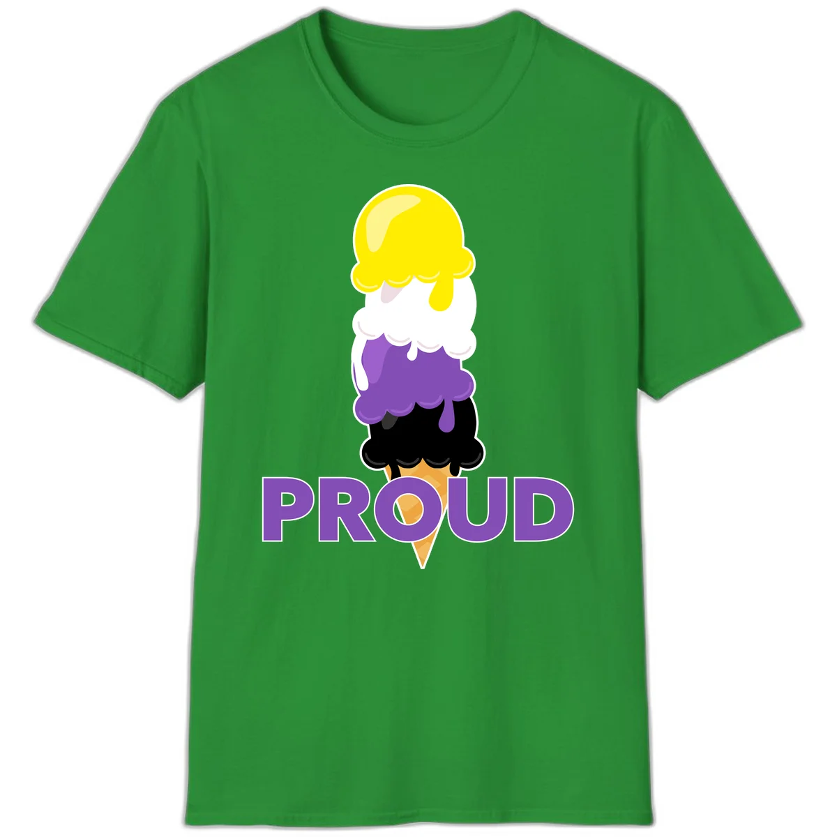 Colorful stacked ice cream cone with yellow, white, purple, and black scoops dripping down a waffle cone, with the word PROUD below in Irish Green