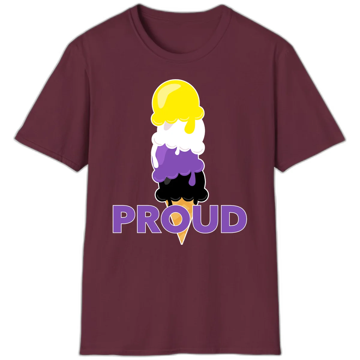 Colorful stacked ice cream cone with yellow, white, purple, and black scoops dripping down a waffle cone, with the word PROUD below in Maroon