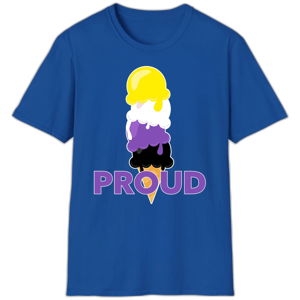 Colorful stacked ice cream cone with yellow, white, purple, and black scoops dripping down a waffle cone, with the word PROUD below in Royal