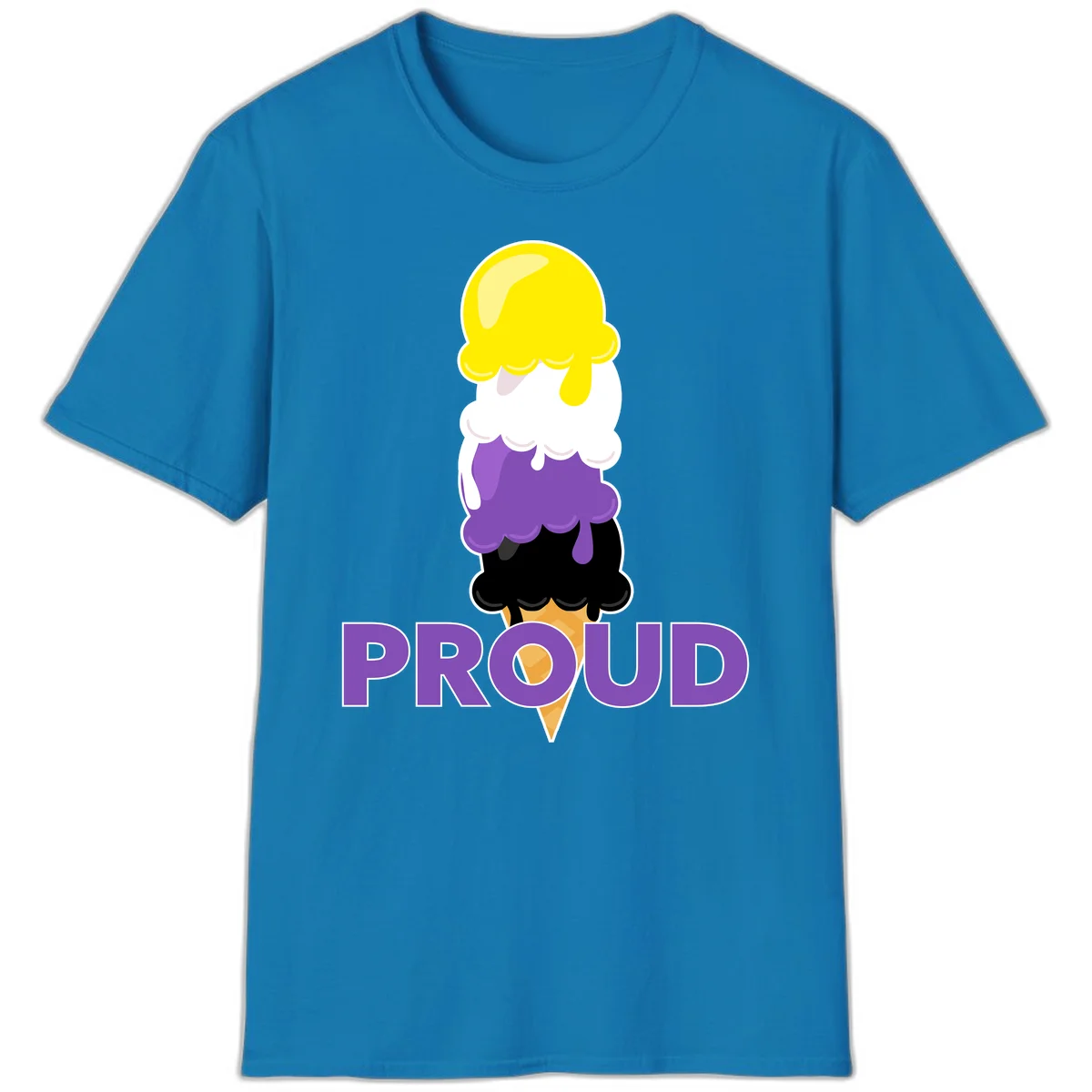 Colorful stacked ice cream cone with yellow, white, purple, and black scoops dripping down a waffle cone, with the word PROUD below in Sapphire